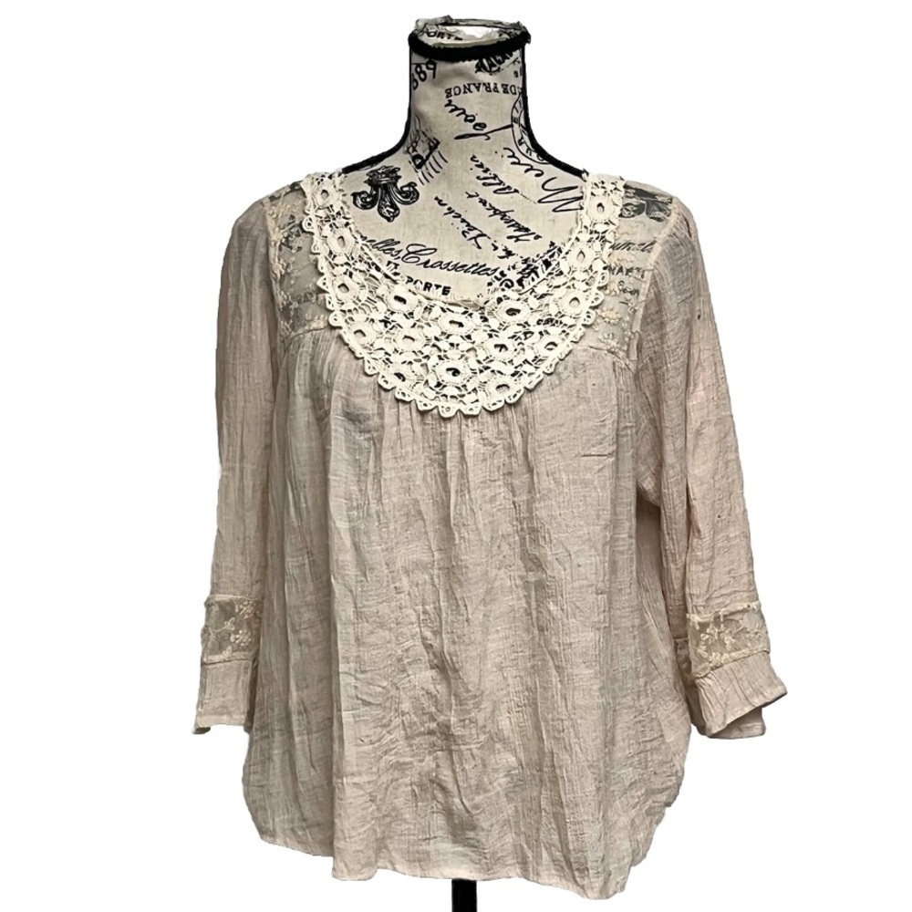 Jolt Ivory Lace Crochet Peasant Tunic Top M Boho Lagenlook Coastal Western - Picture 2 of 9